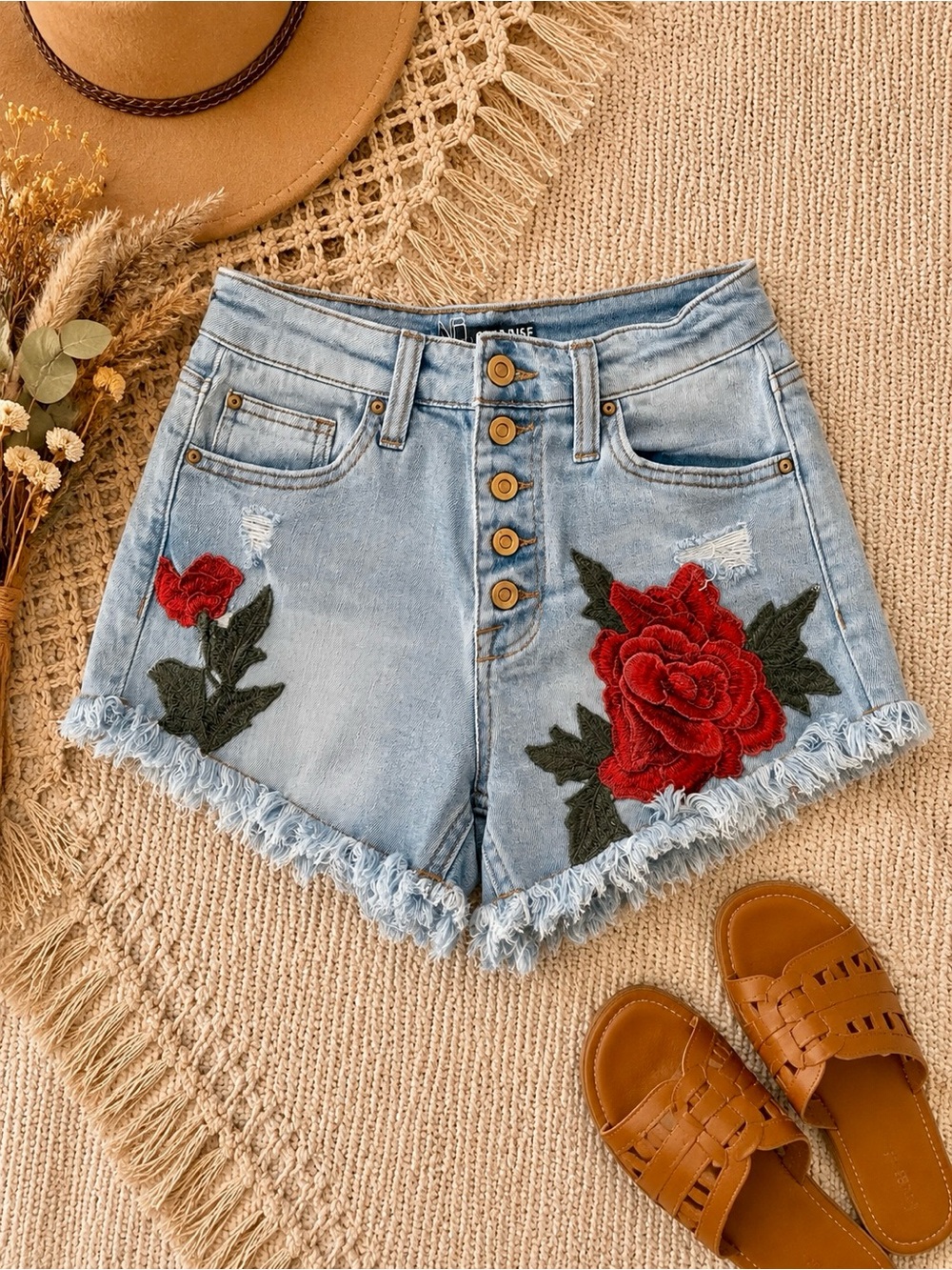 High-Waist Light Blue Denim Shorts with Red Rose Embroidery